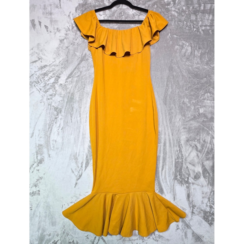 Fashion Nova Mustard Yellow Ruffle Off Shoulder Mermaid Midi Dress Large 170097D